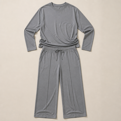 ElysianEase™ – Comfortable Long Sleeve Shirt & Wide-Leg Trousers Set