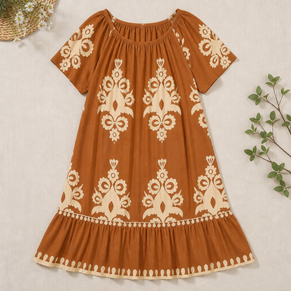 FlexiFit™ – Breezy Boho Patterned Midi Dress with Layered Hem