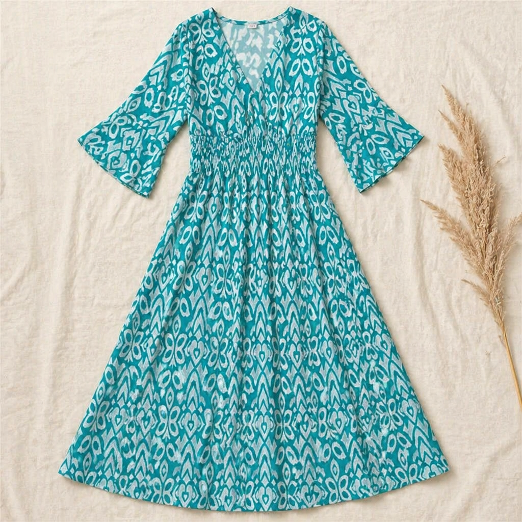 Majestella™ – Breezy V-Neck Smocked Waist Midi Dress