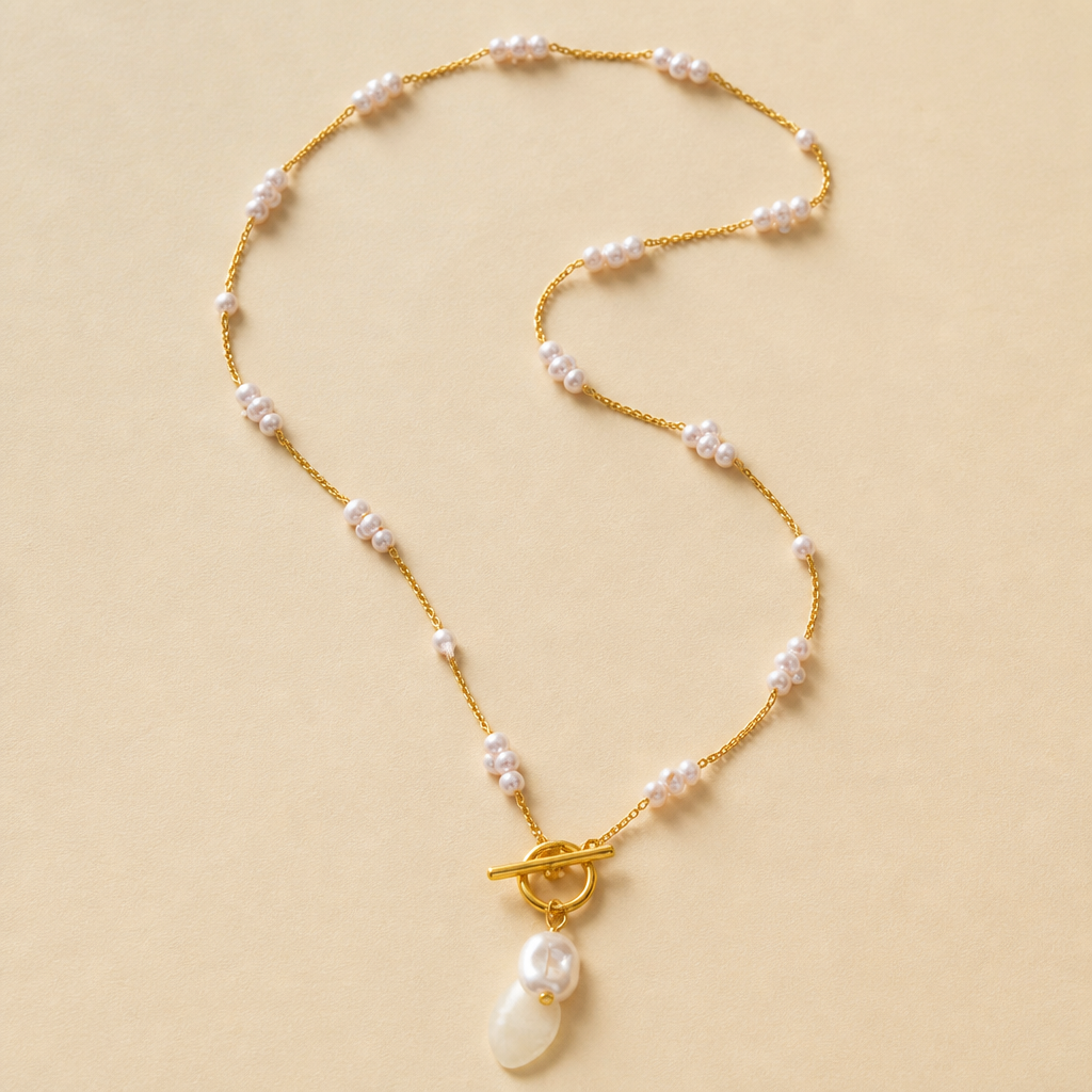 LuminaLuxe™ – Contemporary Pearl Toggle Necklace with Baroque Pendant Drop