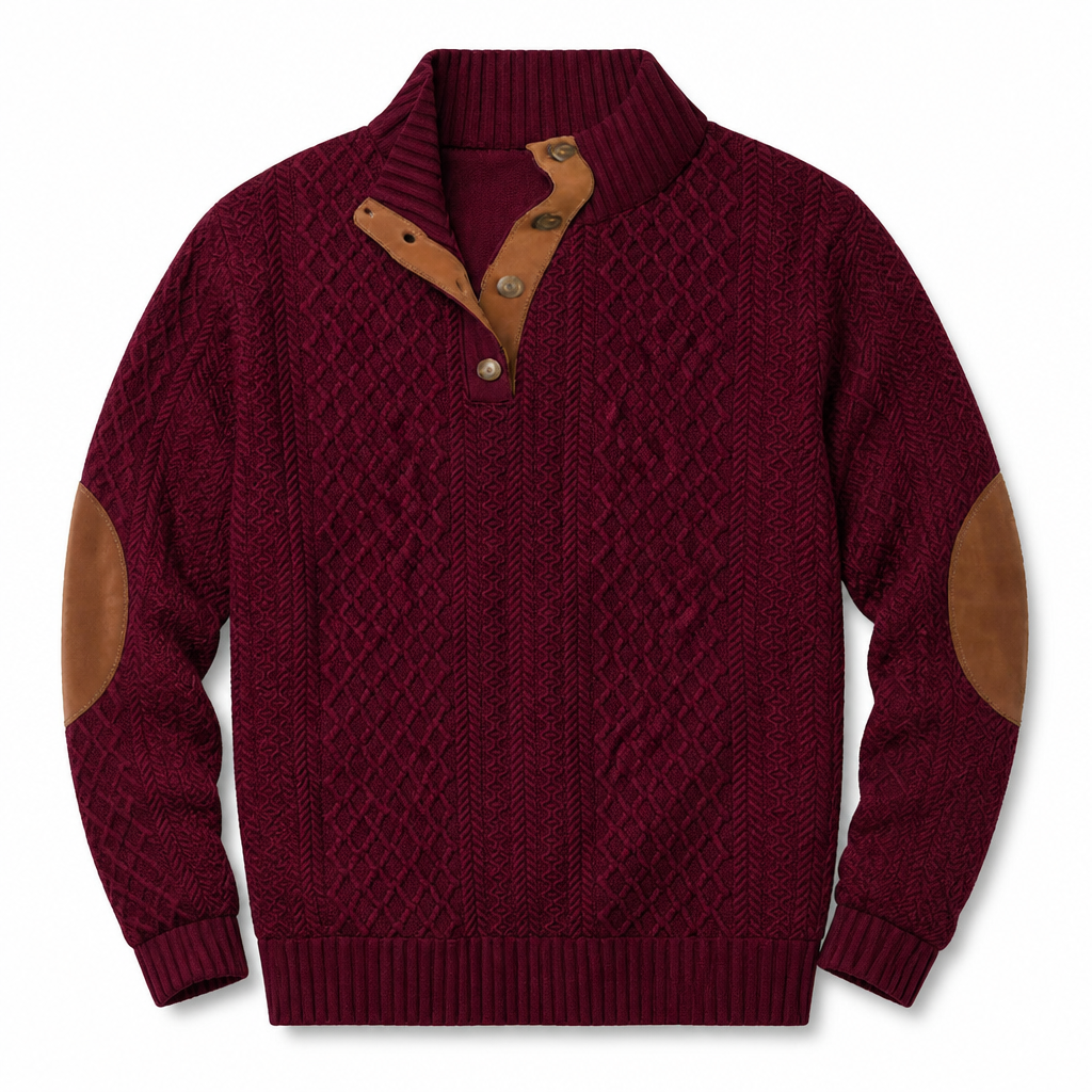 AtlasForge™ – Jacquard Textured Stand-Collar Sweater Featuring Elbow Patches