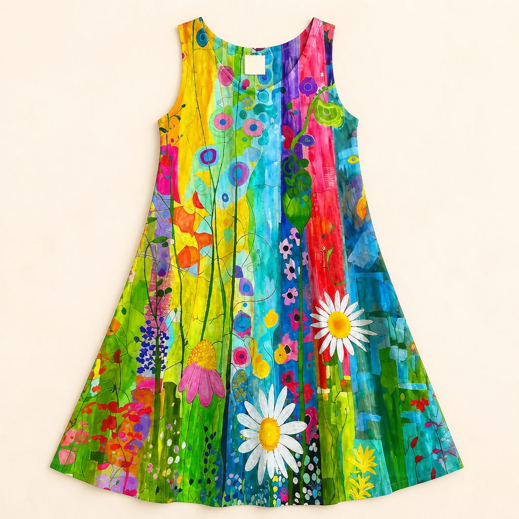 LuminaLuxe™ – Sleeveless A-Line Dress with Hand-Painted Floral Design