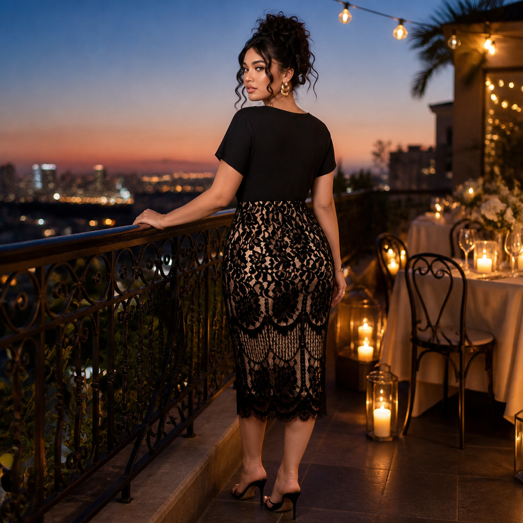 AriaLuxe™ – Lace Midi Dress with V-Neck Wrap Bodice, Curve-Enhancing