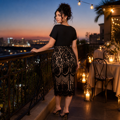 AriaLuxe™ – Lace Midi Dress with V-Neck Wrap Bodice, Curve-Enhancing