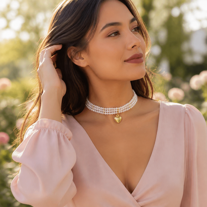 LumaLuxe™ – Elegant Triple-Strand Pearl Necklace with Gold Heart Charm