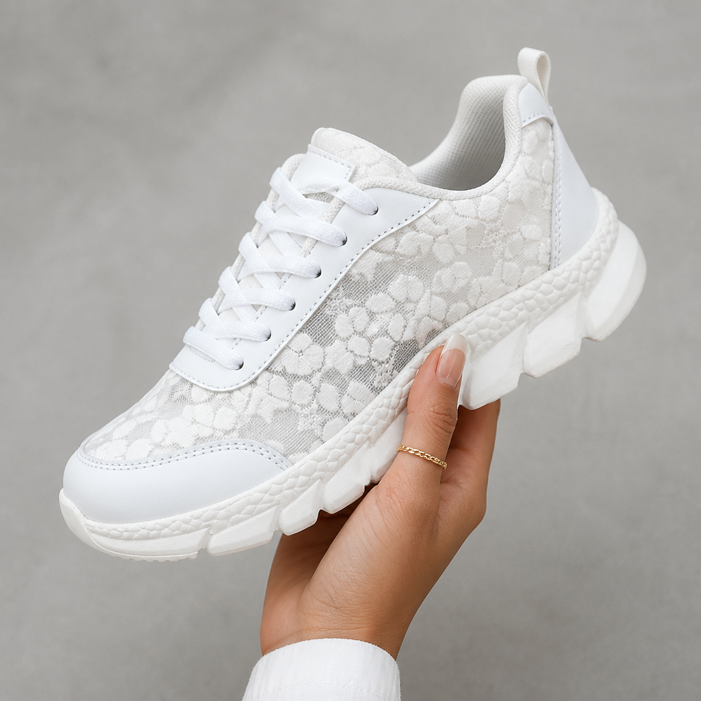 LunaStride™ – White Floral Lace Mesh Platform Sneakers