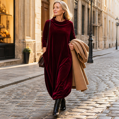 VioraForm™ – Velvet Cocoon Maxi Dress with Mock-Neck and Side Pockets