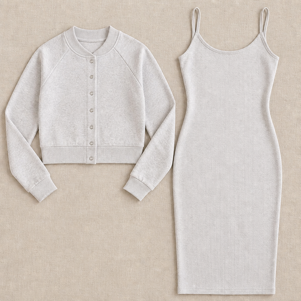 LunaCurve™ – Soft Knit Midi Bodycon Dress with Coordinated Cropped Jacket
