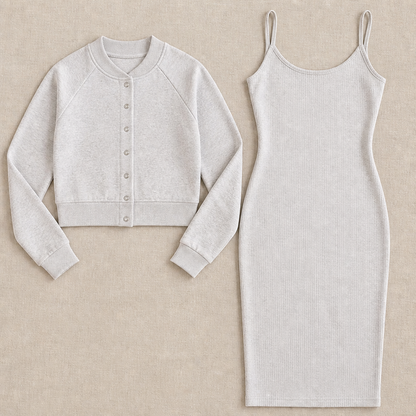 LunaCurve™ – Soft Knit Midi Bodycon Dress with Coordinated Cropped Jacket