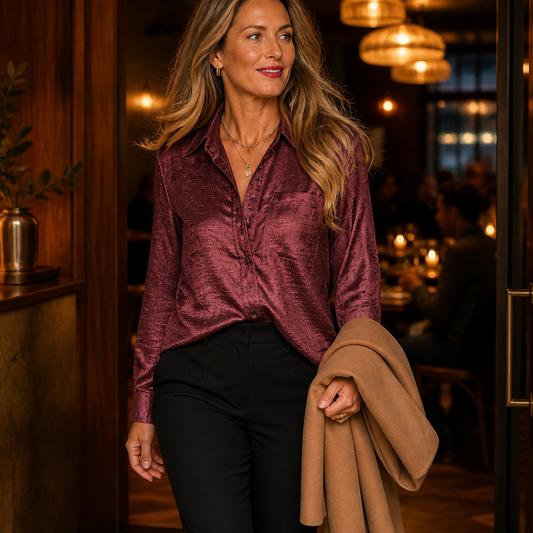 SilkenShade™ – Shiny Metallic Button-Down Shirt with Lapel Collar