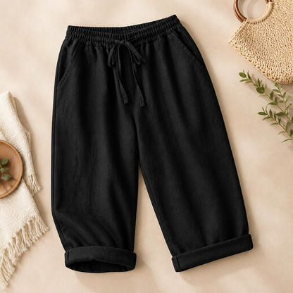 SenseLuxe™ – Lightweight Cotton-Linen Capri Pants Featuring Rolled Cuffs