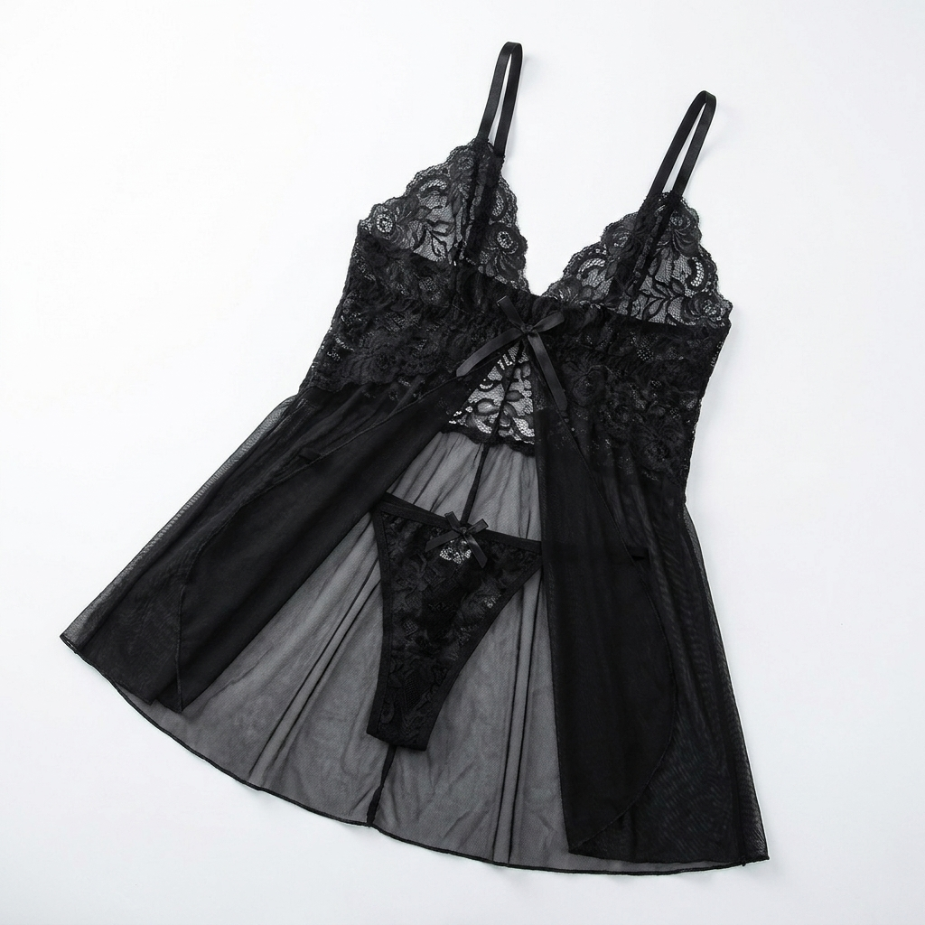 Soirée™ – Lace V-Neck Babydoll Set Featuring Sheer Mesh Skirt