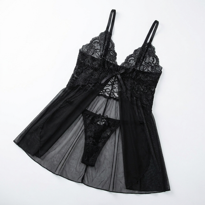 Soirée™ – Lace V-Neck Babydoll Set Featuring Sheer Mesh Skirt