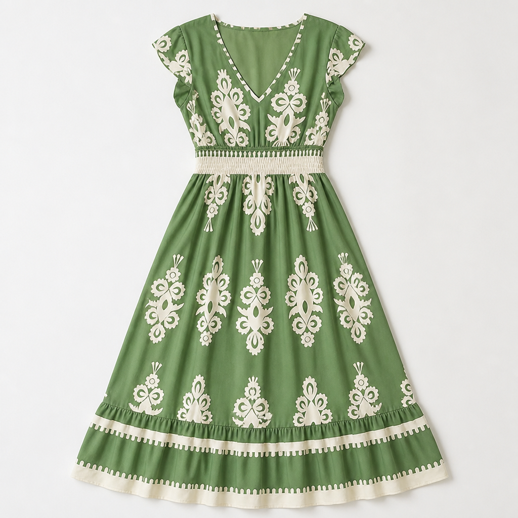 LuminaSway™ – Retro Baroque Pattern V-Neck Maxi Dress
