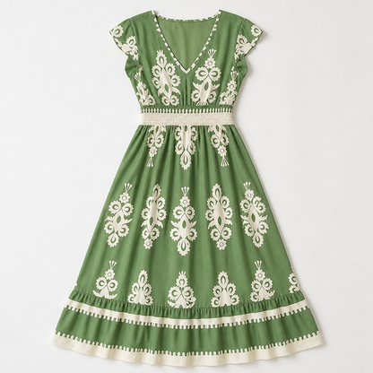 LuminaSway™ – Retro Baroque Pattern V-Neck Maxi Dress