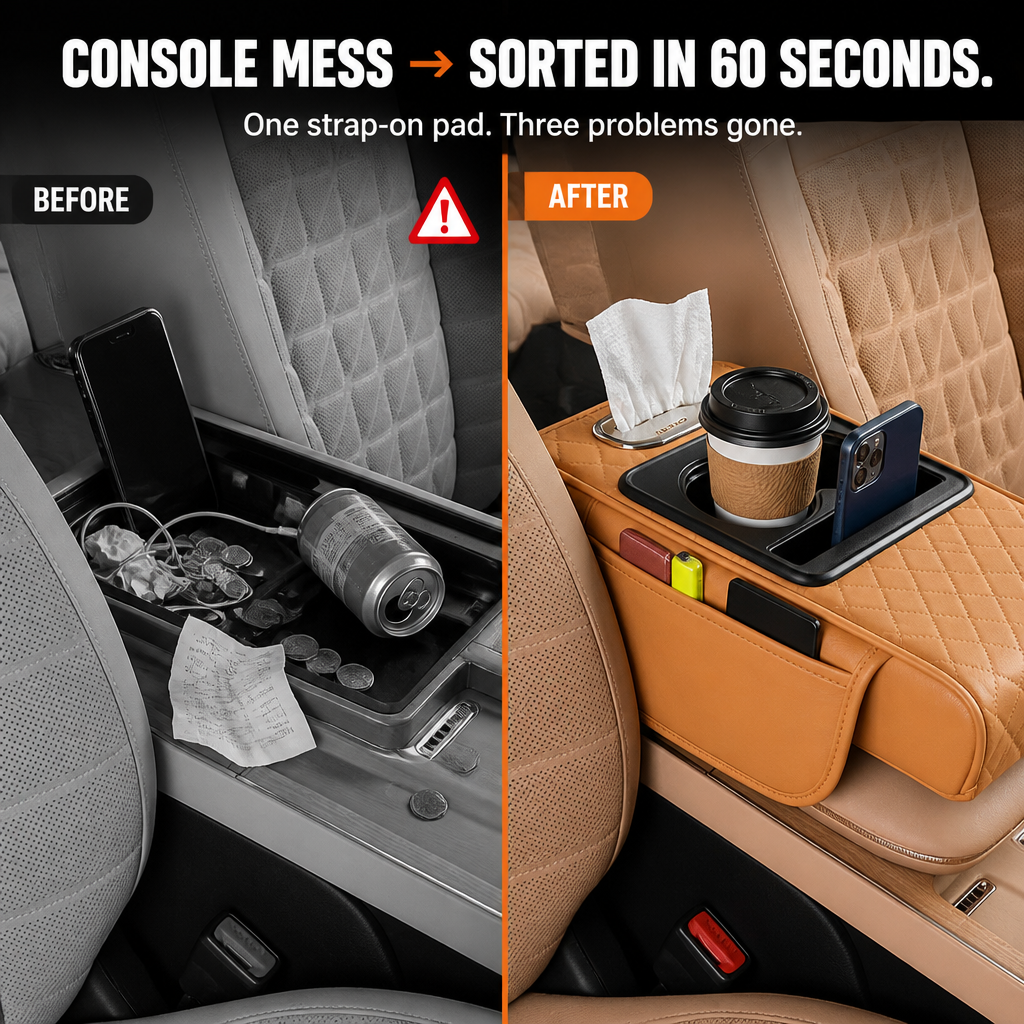 LuminaLuxe™ — Conquer Center Console Clutter With a Single Strap-On Armrest Pad