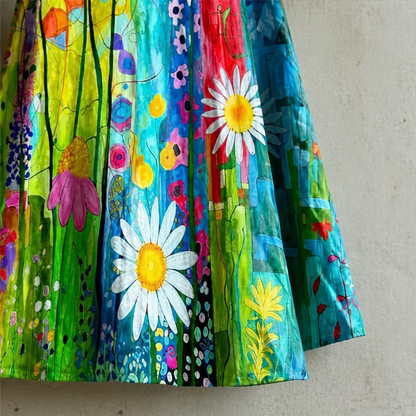 LuminaLuxe™ – Sleeveless A-Line Dress with Hand-Painted Floral Design
