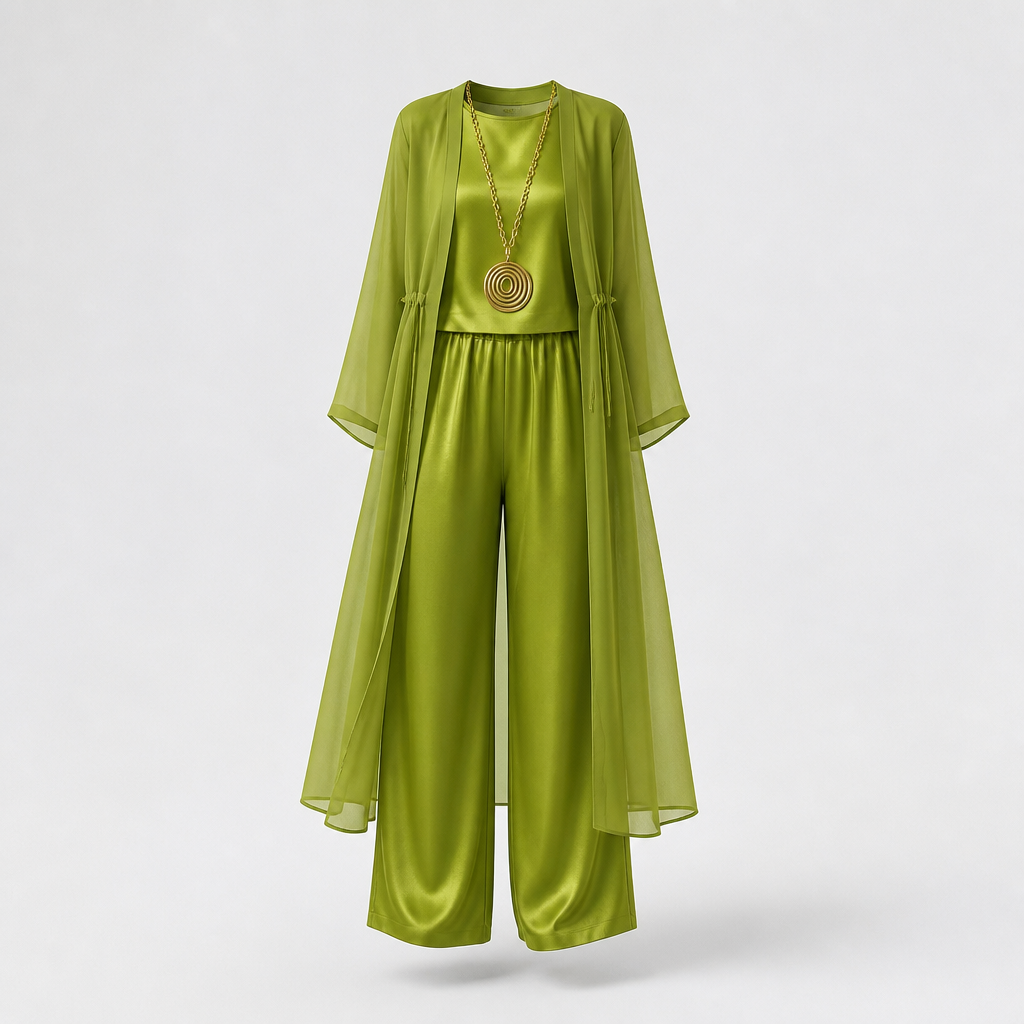 AristaLuxe™ – Draped Three-Piece Wide-Leg Pants Set with Sheer Chiffon Duster
