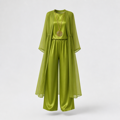 AristaLuxe™ – Draped Three-Piece Wide-Leg Pants Set with Sheer Chiffon Duster