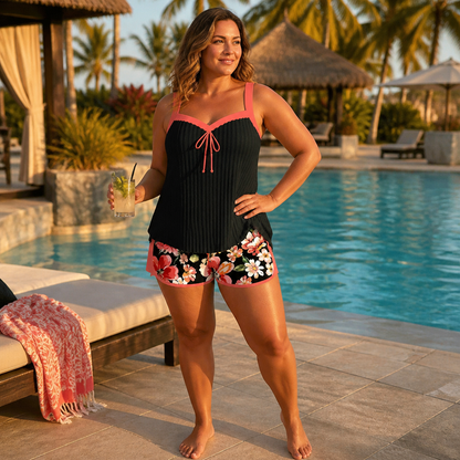 SoloraSway™ – Breezy Pleated Tankini with Coverage Shorts
