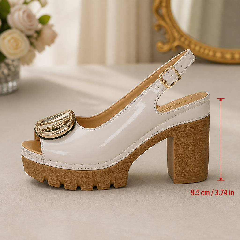 VivaStride™ – Patented Peep-Toe Block Heel Sandals Featuring Bold Gold Buckle