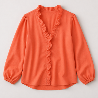FlairMist™ – Romantic V-Neck Ruffle Blouse with Lantern Sleeves