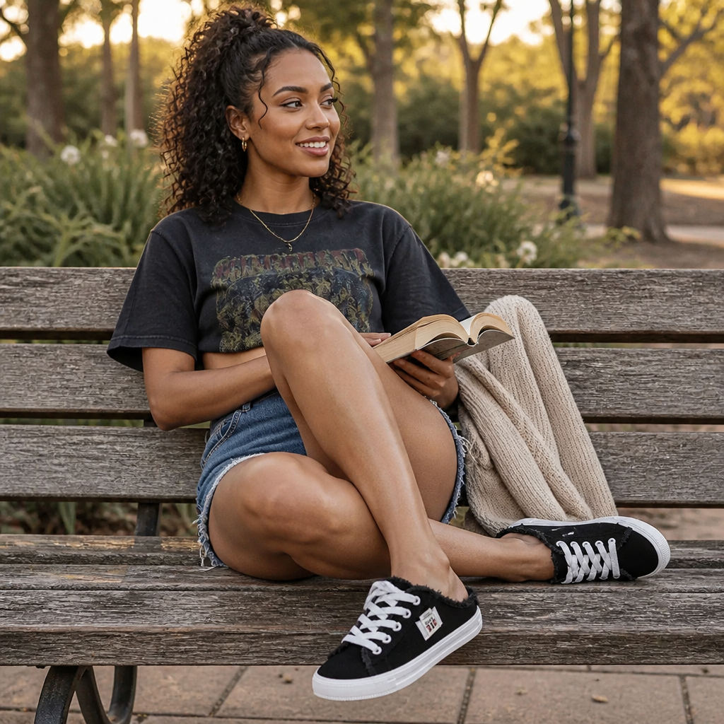 StridePulse™ – Casual Denim Mules with Frayed Edge Sneakers