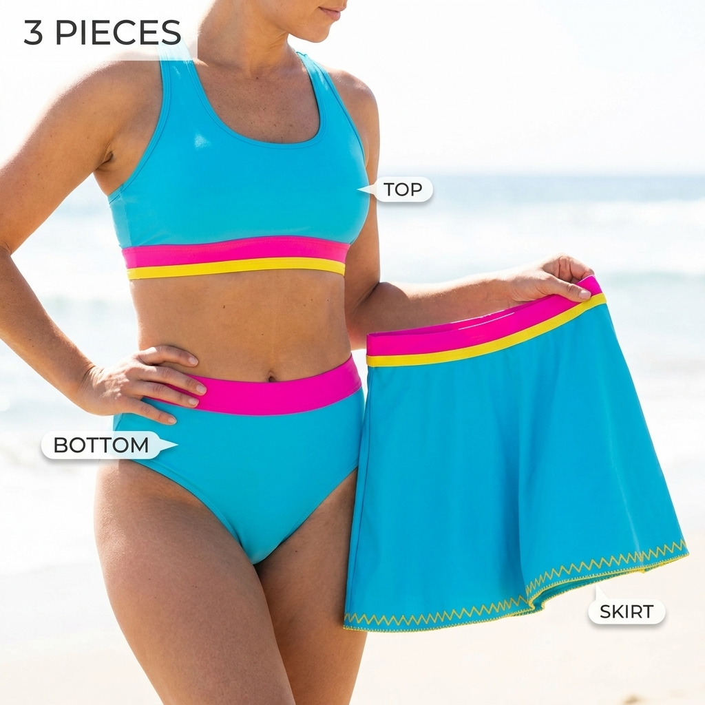 VelaAura™ – Striking Colorblock 3-Piece Sport Bikini with Swim Skirt Set