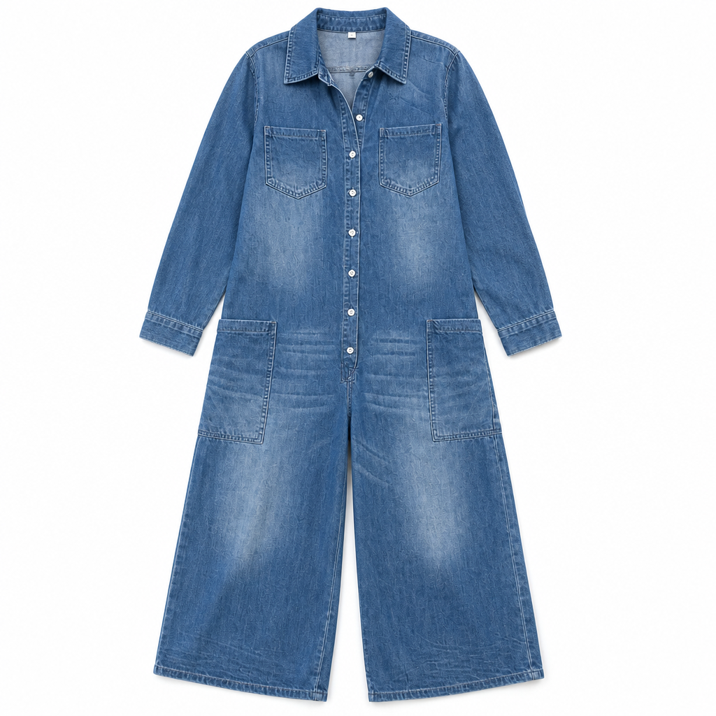 Flowease™ – Comfortable Wide-Leg Denim Jumpsuit Featuring Button-Front Top