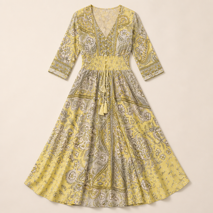 Mirella™ – Bohemian Paisley V-Neck Maxi Dress Featuring a Smocked Waist