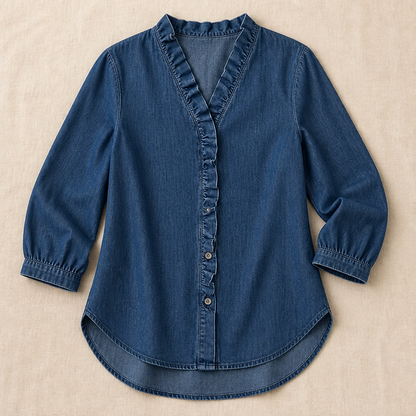 Brielle™ – Soft Chambray V-Neck Shirt with Ruffle and High-Low Hem
