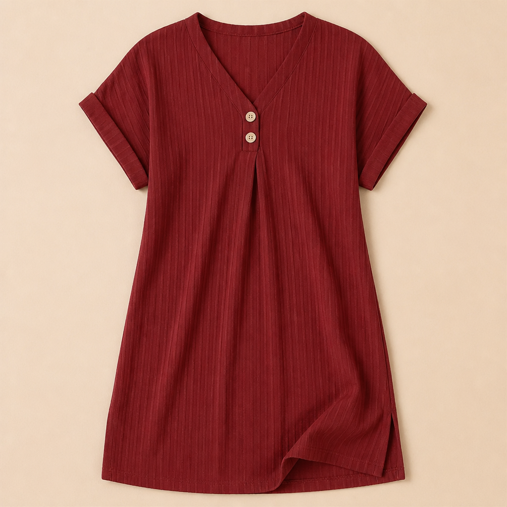 Veloria™ – Casual Ribbed V-Neck Shift Dress Featuring Button Detail
