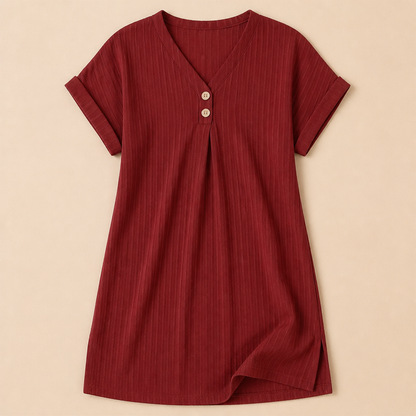 Veloria™ – Casual Ribbed V-Neck Shift Dress Featuring Button Detail