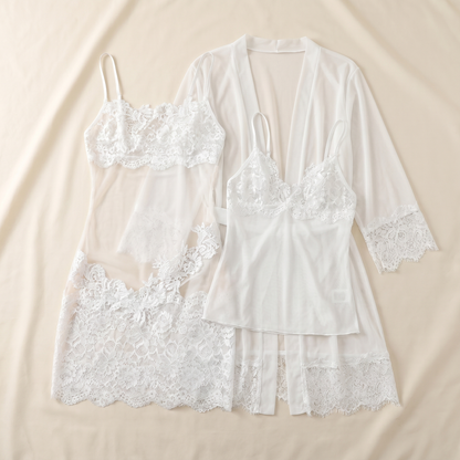 Enchantress™ – Delicate Floral Lace 3-Piece Lingerie Set with Sheer Mesh Robe