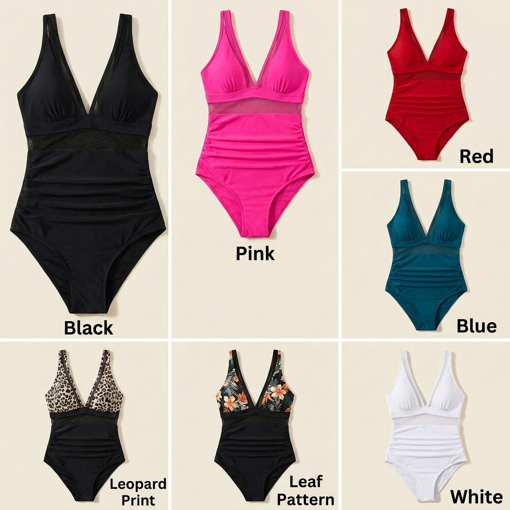 AuraSleek™ – Mesh V-Neck One-Piece with Sculpting and Ruched Tummy Control