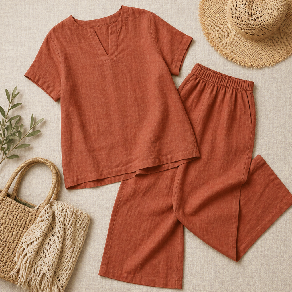 LumoraEase™ – Soft Cotton-Linen V-Neck Two-Piece Ensemble