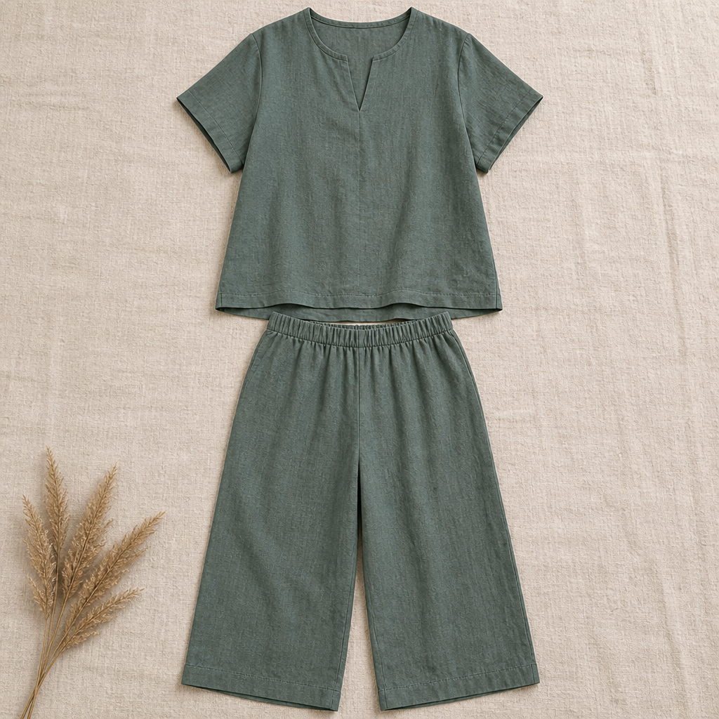 LumoraEase™ – Soft Cotton-Linen V-Neck Two-Piece Ensemble