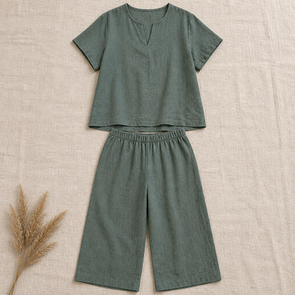 LumoraEase™ – Soft Cotton-Linen V-Neck Two-Piece Ensemble