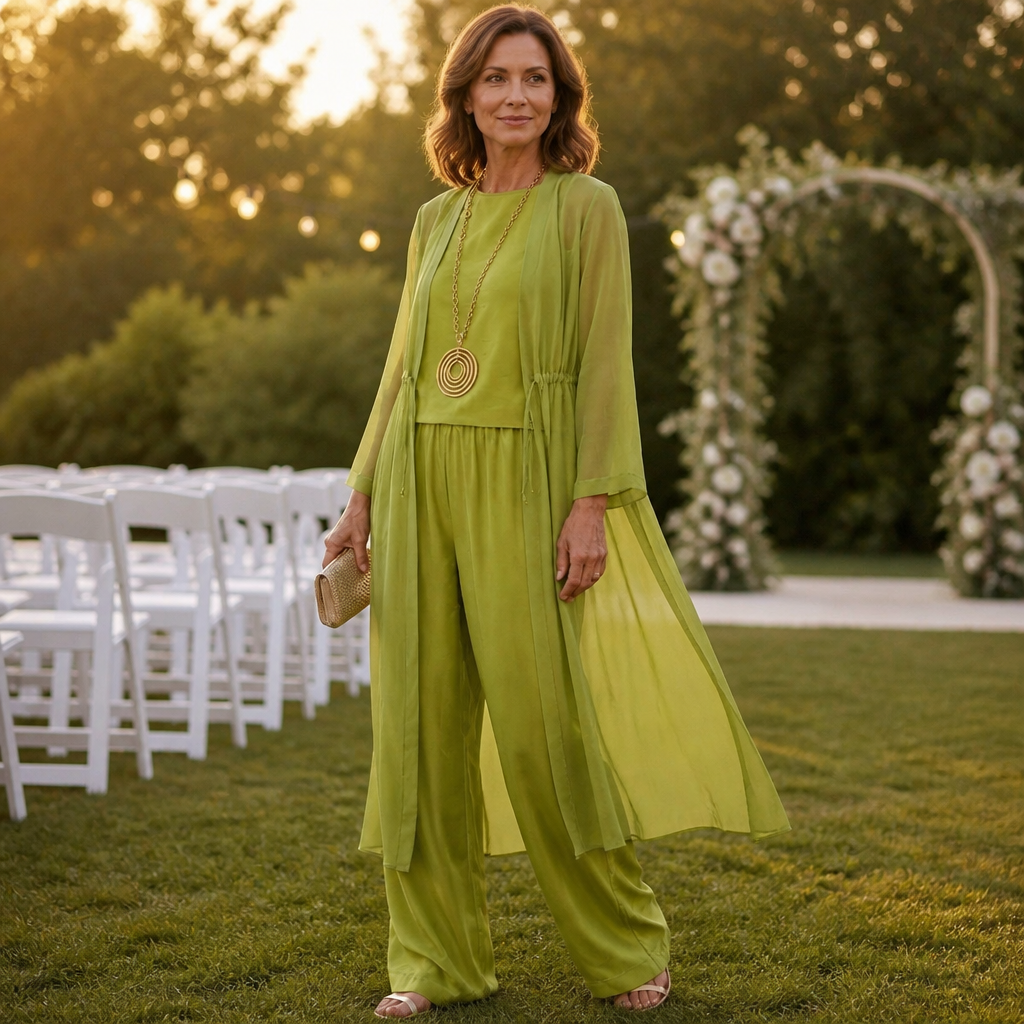 AristaLuxe™ – Draped Three-Piece Wide-Leg Pants Set with Sheer Chiffon Duster