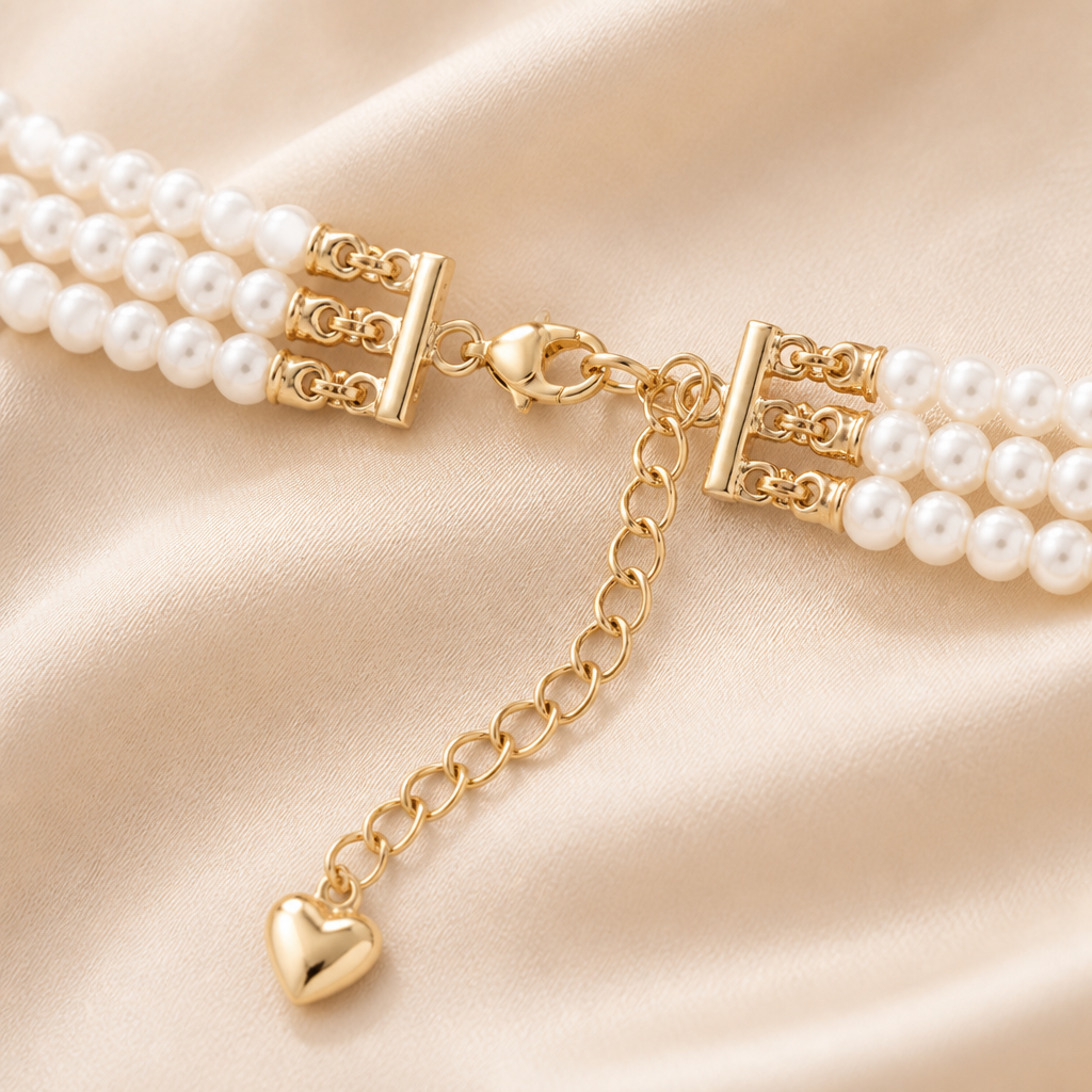 LumaLuxe™ – Elegant Triple-Strand Pearl Necklace with Gold Heart Charm