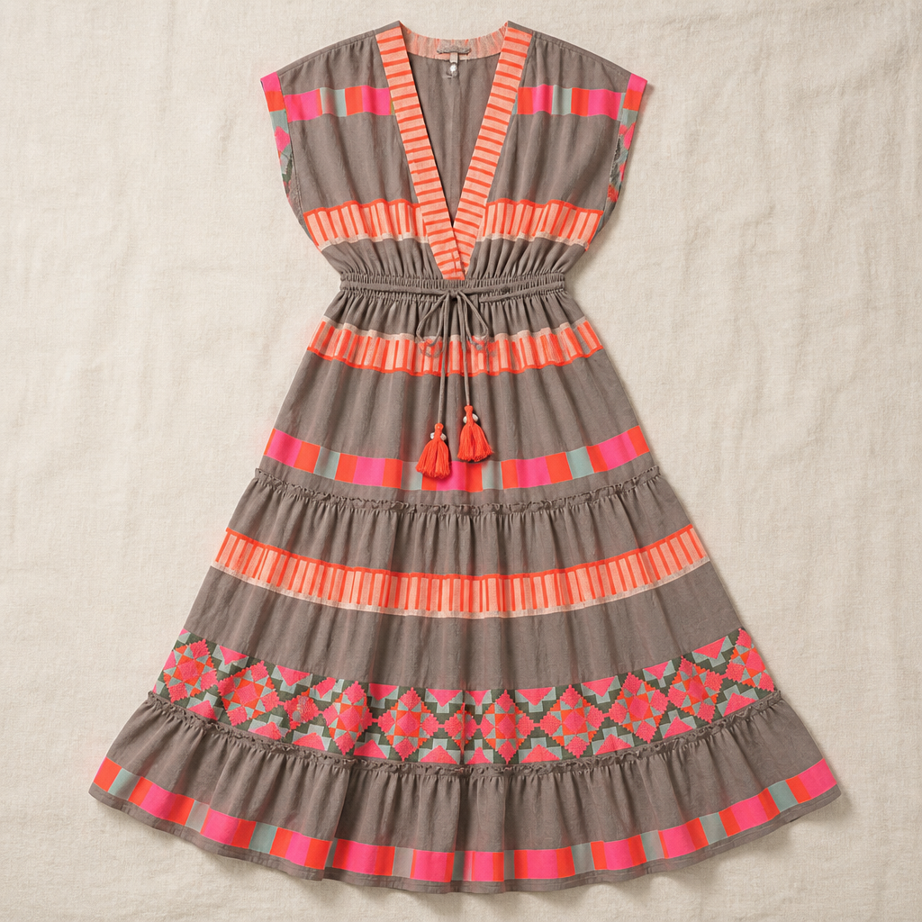 Solana™ – Bohemian V-Neck Tiered Maxi Dress with Tassel Tie and Print