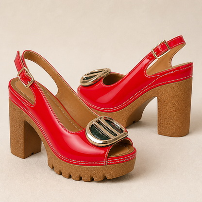 VivantaStrut™ – Striking Chunky Platform Slingback Heels with Golden Buckle