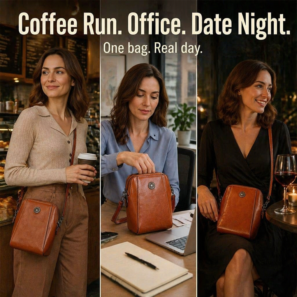 VividAura™ — Soft-Leather Crossbody for Phone, Cards & Lipstick All-in-One