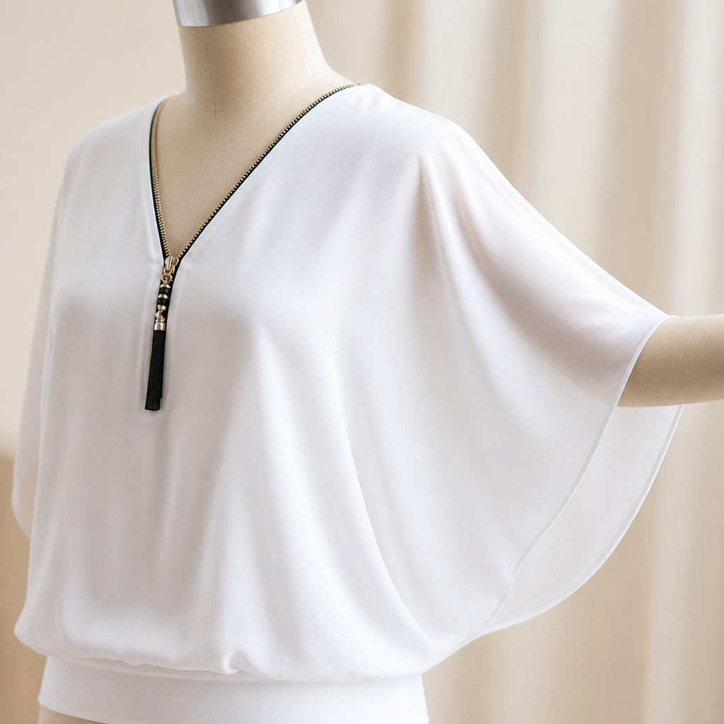 LuminaFlex™ – Breezy Chiffon V-Neck Top with Zip Accent