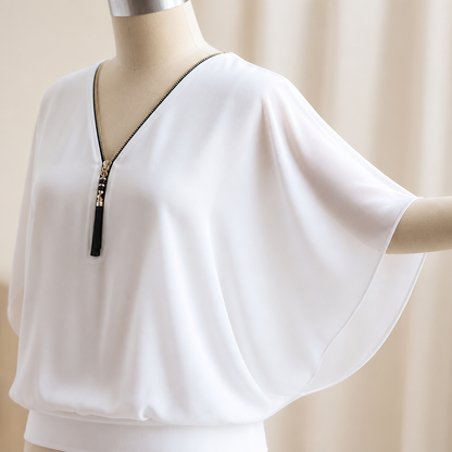 LuminaFlex™ – Breezy Chiffon V-Neck Top with Zip Accent