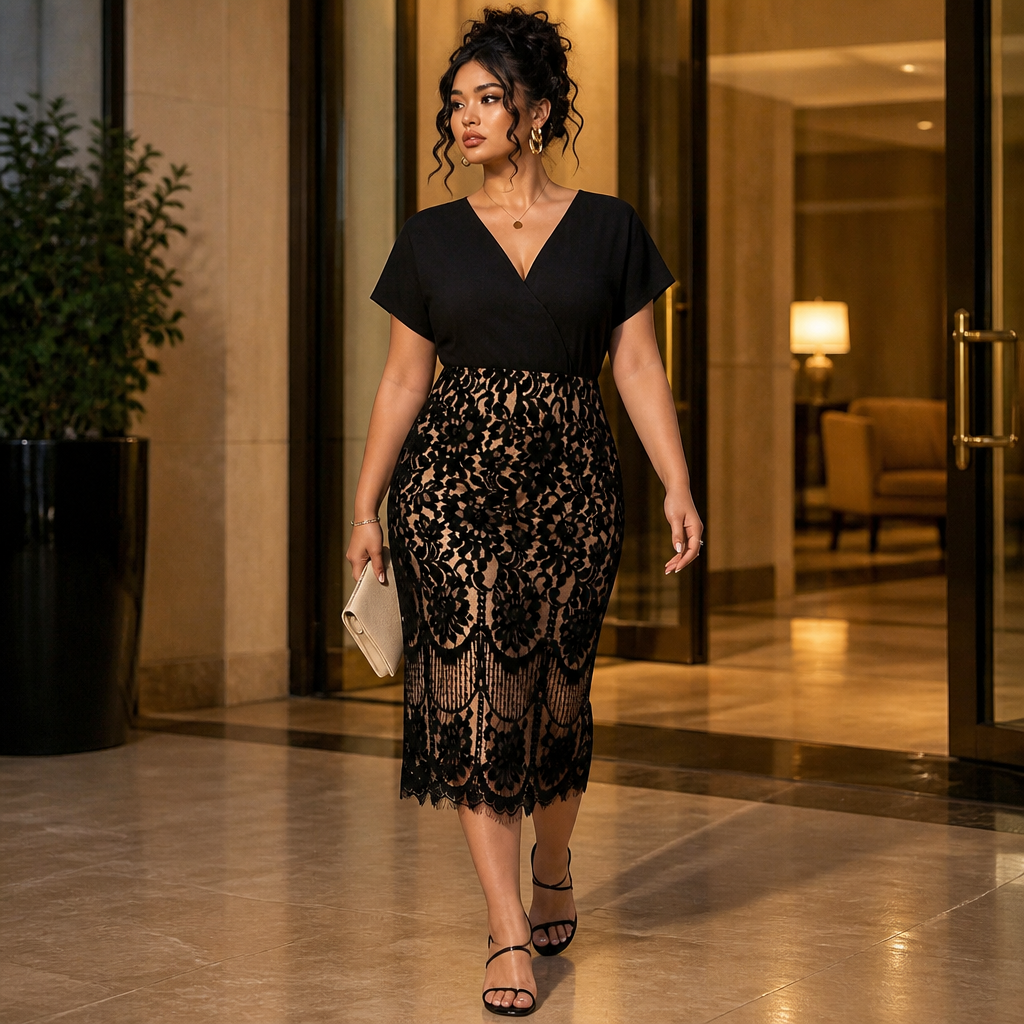 AriaLuxe™ – Lace Midi Dress with V-Neck Wrap Bodice, Curve-Enhancing