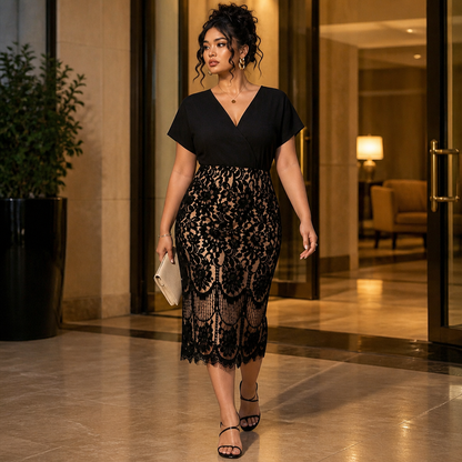 AriaLuxe™ – Lace Midi Dress with V-Neck Wrap Bodice, Curve-Enhancing