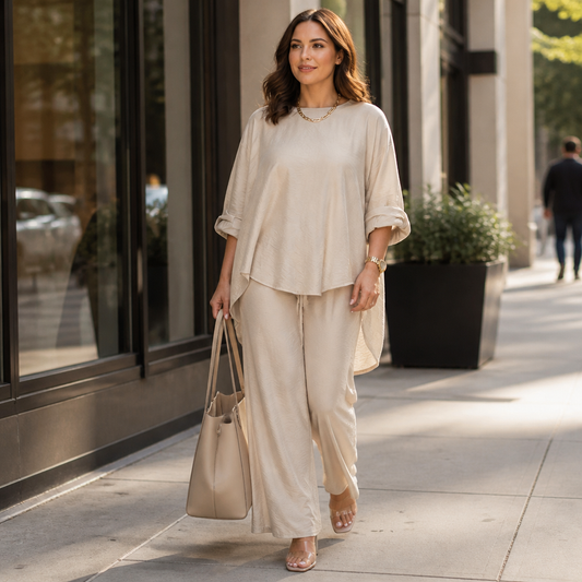 TrueStyle™ – Laid-Back Two-Piece Outfit with Asymmetric Hem & Wide-Leg Trousers