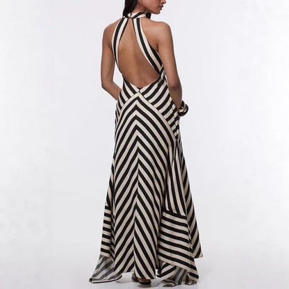 Maxi Dress with Geometric Stripes, Open Back, and Flowing Hem