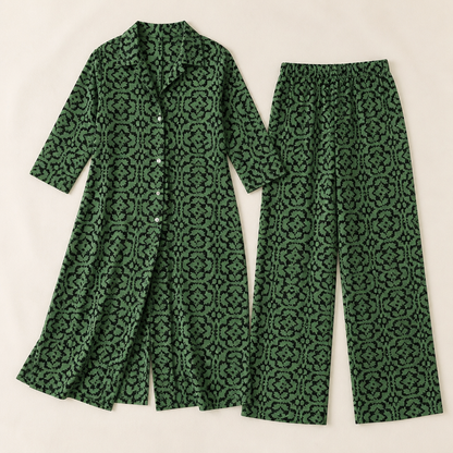 VireoLuxe™ – Striking Geometric Tunic with Straight-Leg Pants Set